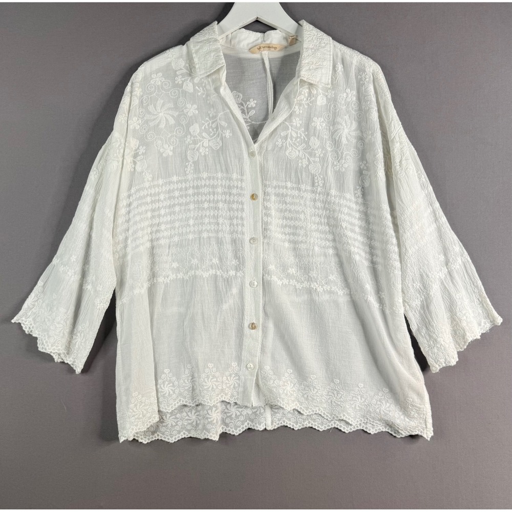 Soft Surroundings Button Up Top Womens L White Embroidered Eyelet Boho Feminine